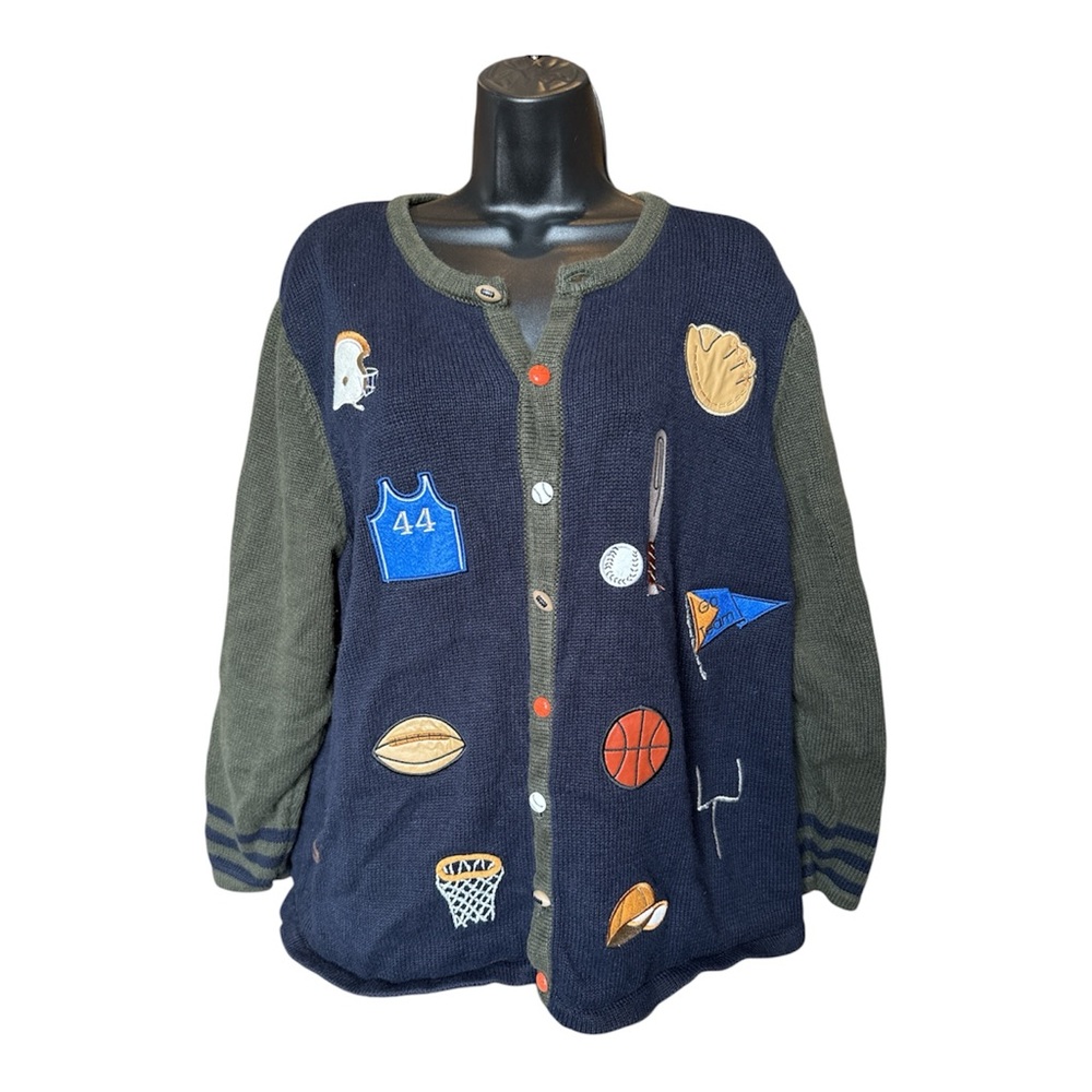 C.J. Banks Sports Patch Cardigan Sweater 1X Vintage Novelty Embroidered